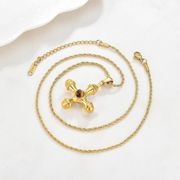 Neiman Marcus 18k Gold Plated Cross Tiger Eye Necklace - Picture 3 of 4